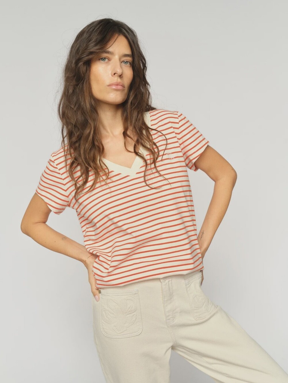 Mos Mosh | Kenia Glam Stripe V-Neck Tee Large